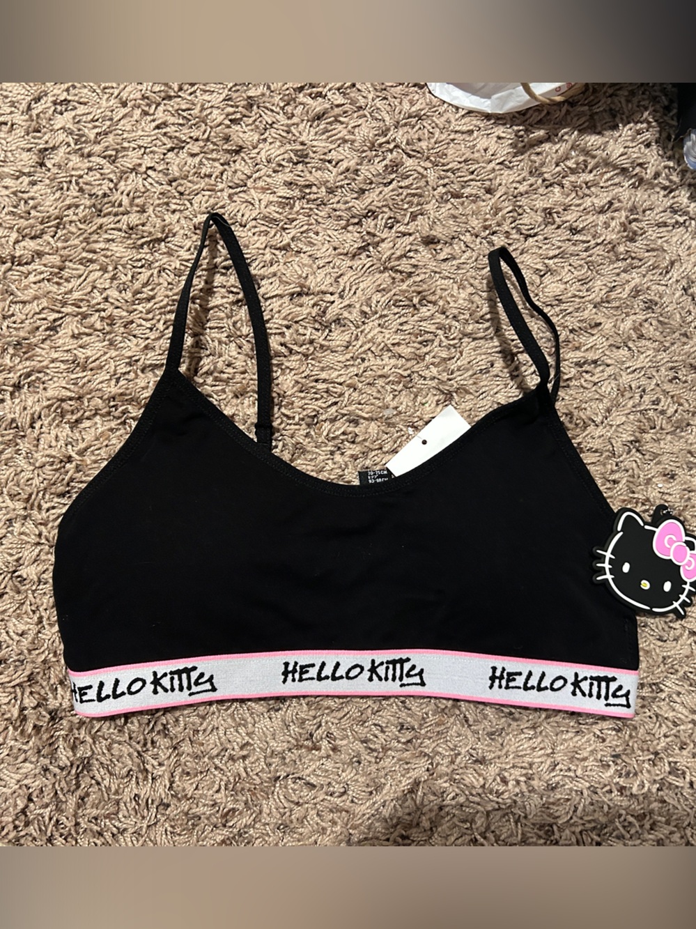 Forever 21 Black Hello Kitty Logo Bralette with White & Pink Band MED w keychain